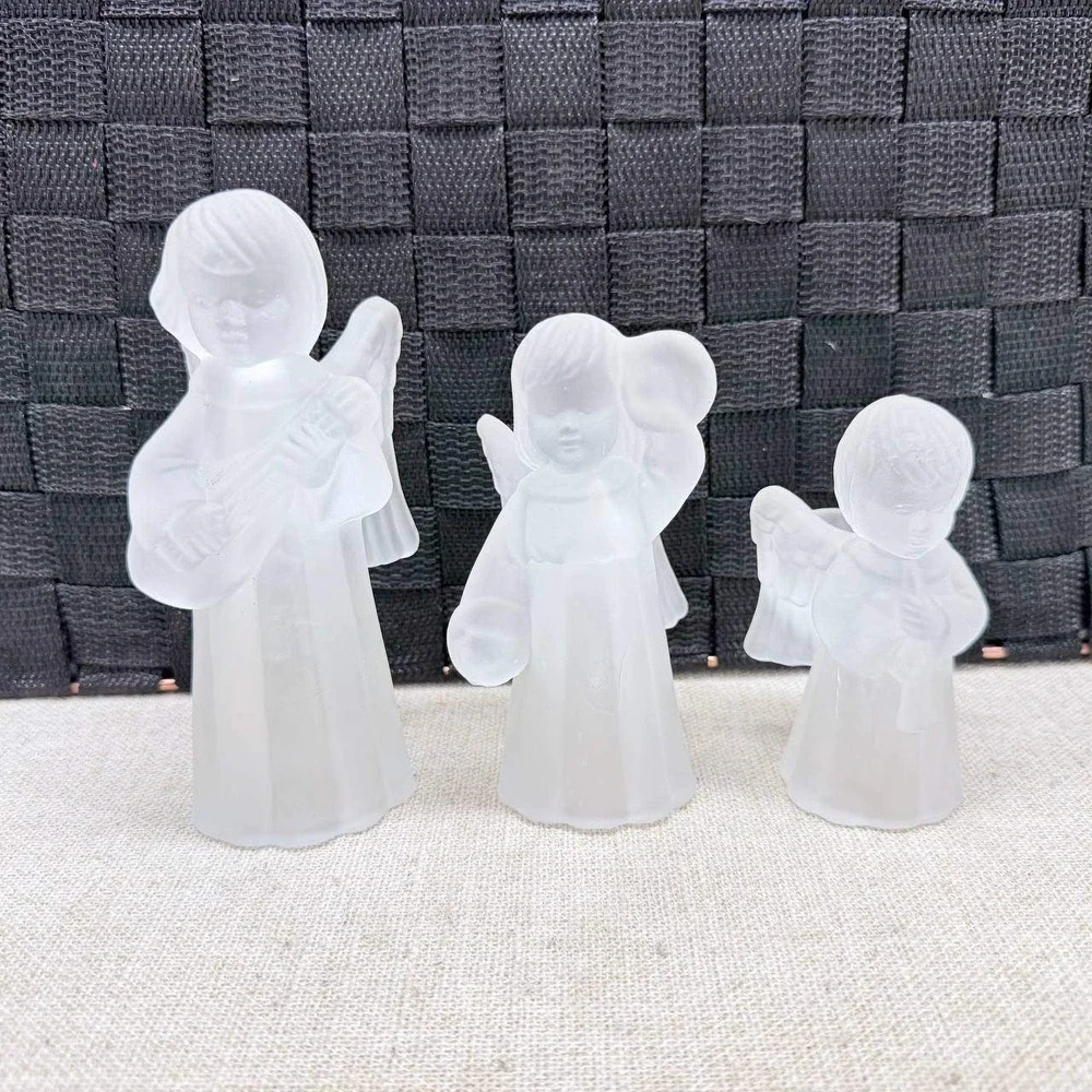 Vintage Frosted Glass Angel Figurine Set of 3 Musical Taper Candle Holders White
